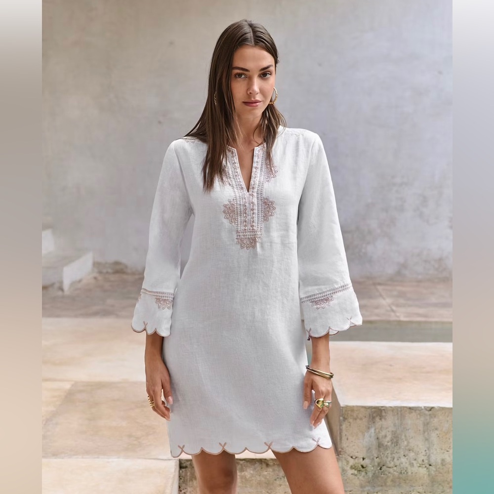 Johnny Was White w/ Beige Embroidery Mini Linen Dress. L. NWT.